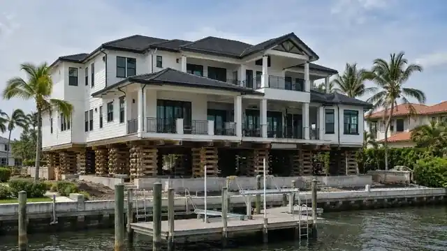 Coastal home raised on hydraulic jacks during a house lifting project in Madeira Beach