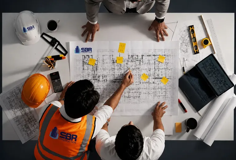 Builder and homeowner reviewing a spec book and floor plans